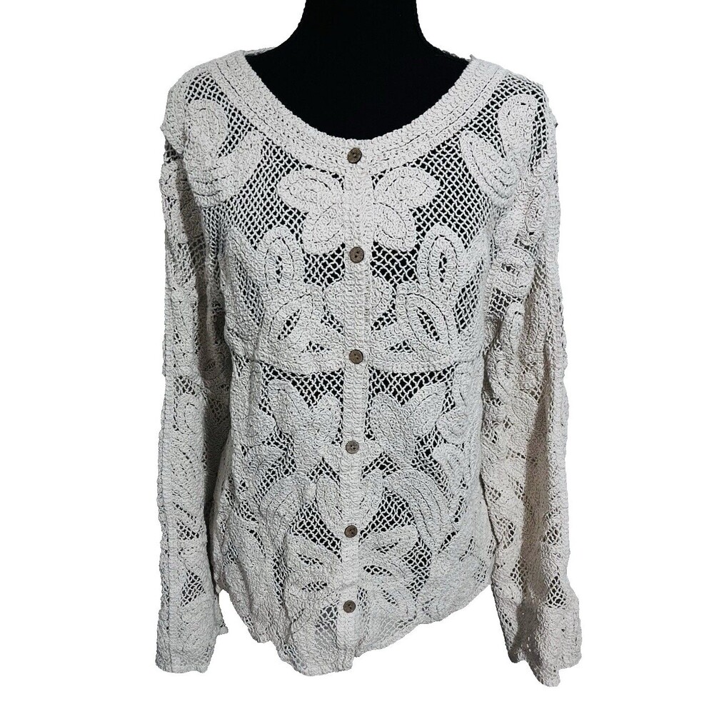 Womens Cream Crochet‎ Cardigan Grandma Cottagecore Doily Grandmillennial L